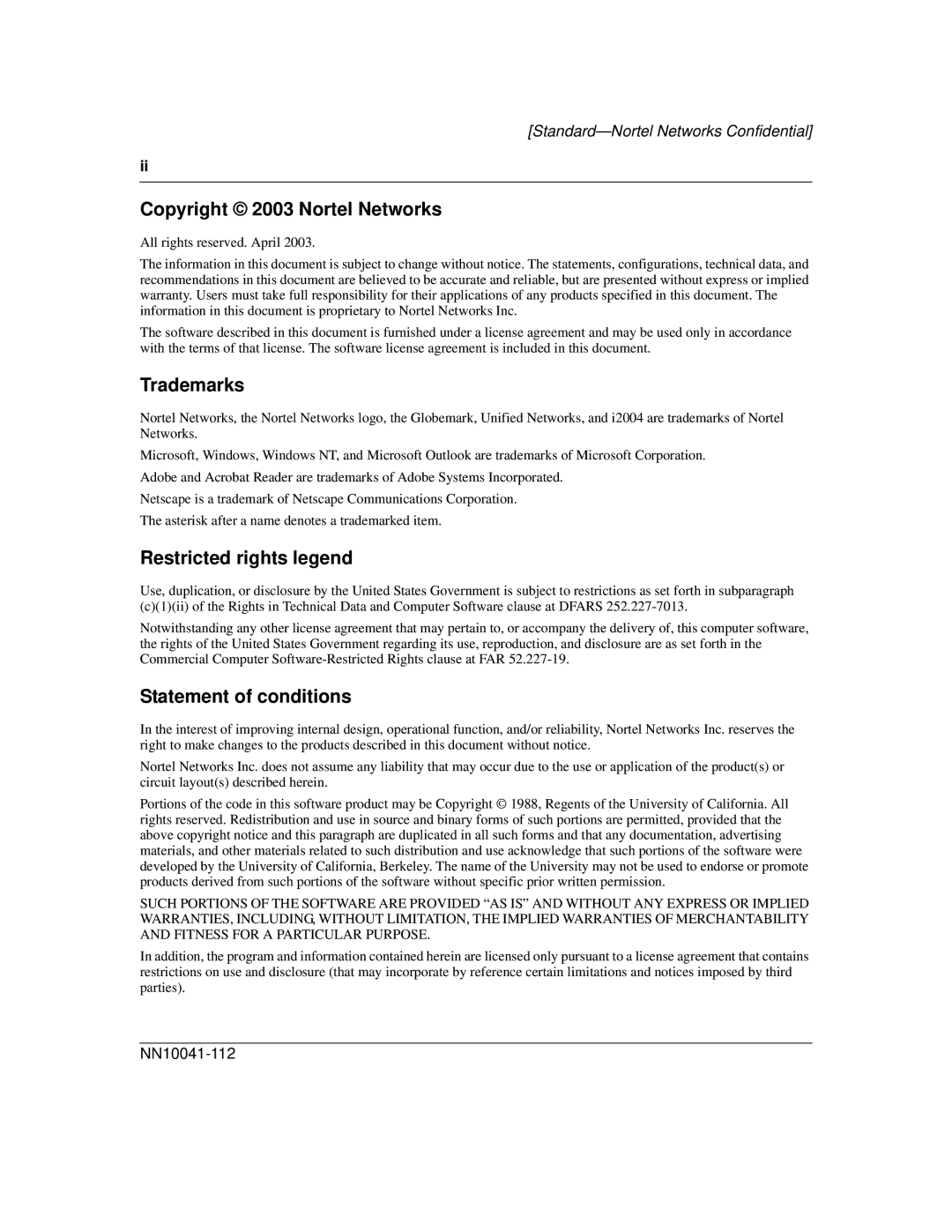 Nortel Networks NN10041-112 manual Copyright 2003 Nortel Networks 