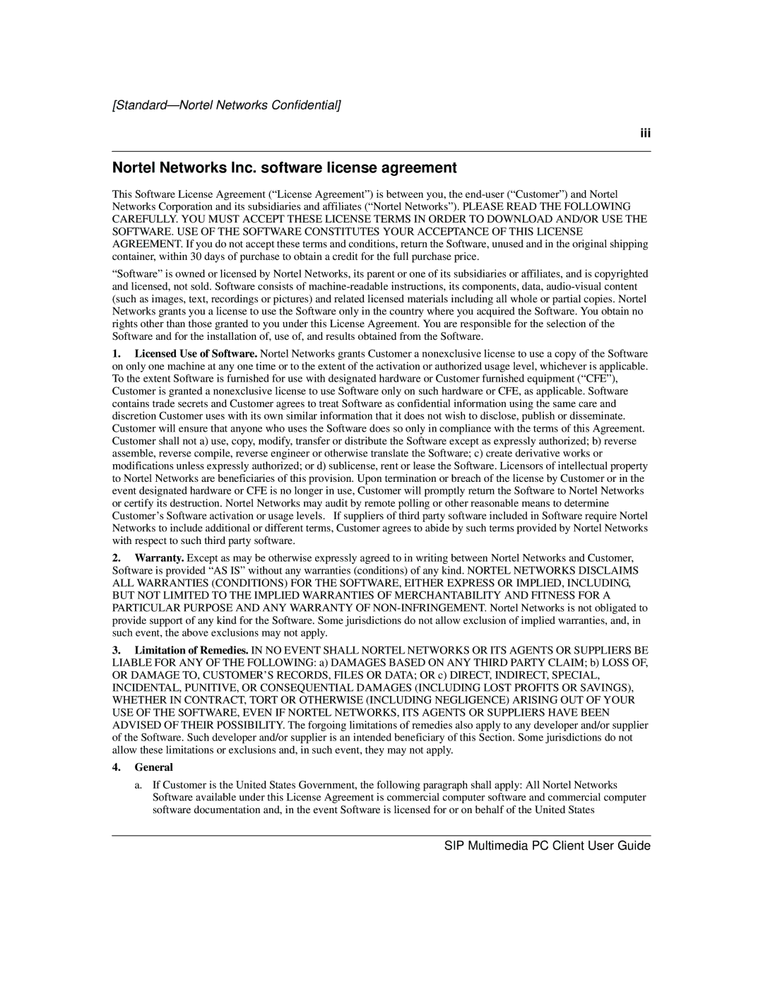 Nortel Networks NN10041-112 manual Nortel Networks Inc. software license agreement 