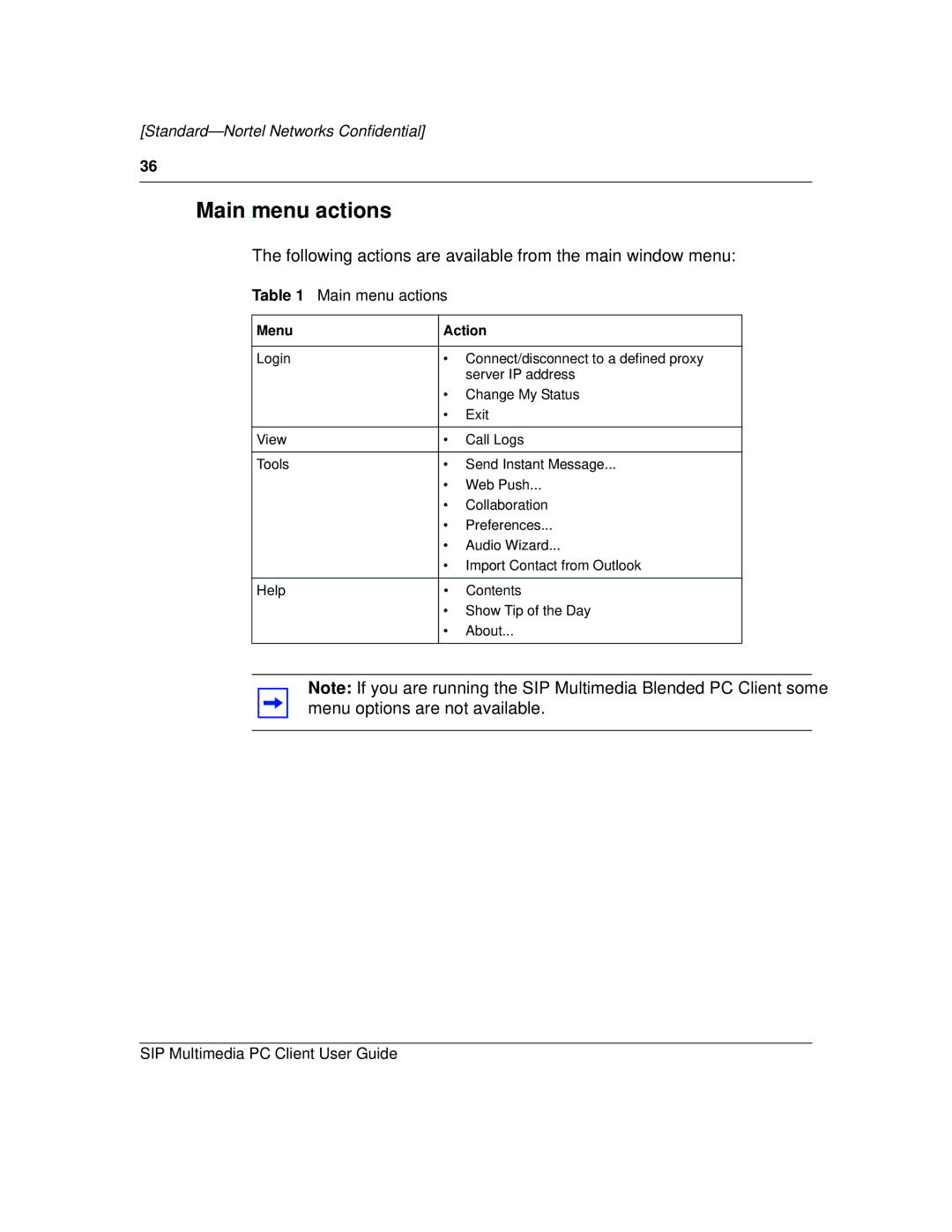 Nortel Networks NN10041-112 manual Main menu actions, Following actions are available from the main window menu 