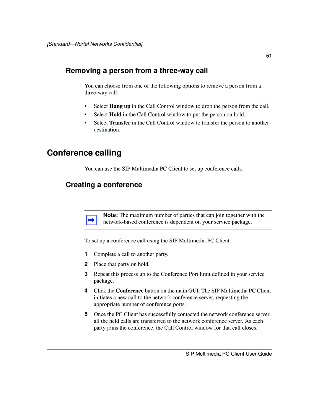 Nortel Networks NN10041-112 manual Conference calling, Removing a person from a three-way call, Creating a conference 