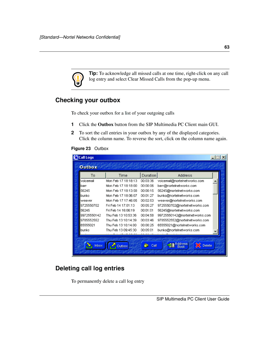 Nortel Networks NN10041-112 manual Checking your outbox, Deleting call log entries 