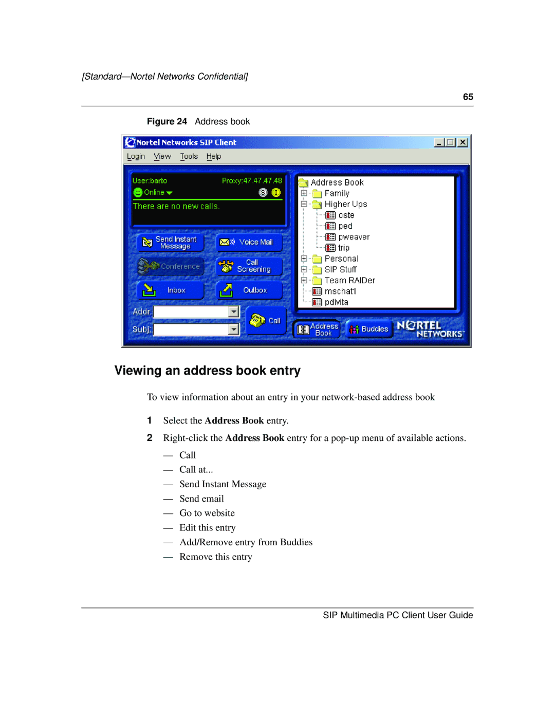 Nortel Networks NN10041-112 manual Viewing an address book entry, Address book 