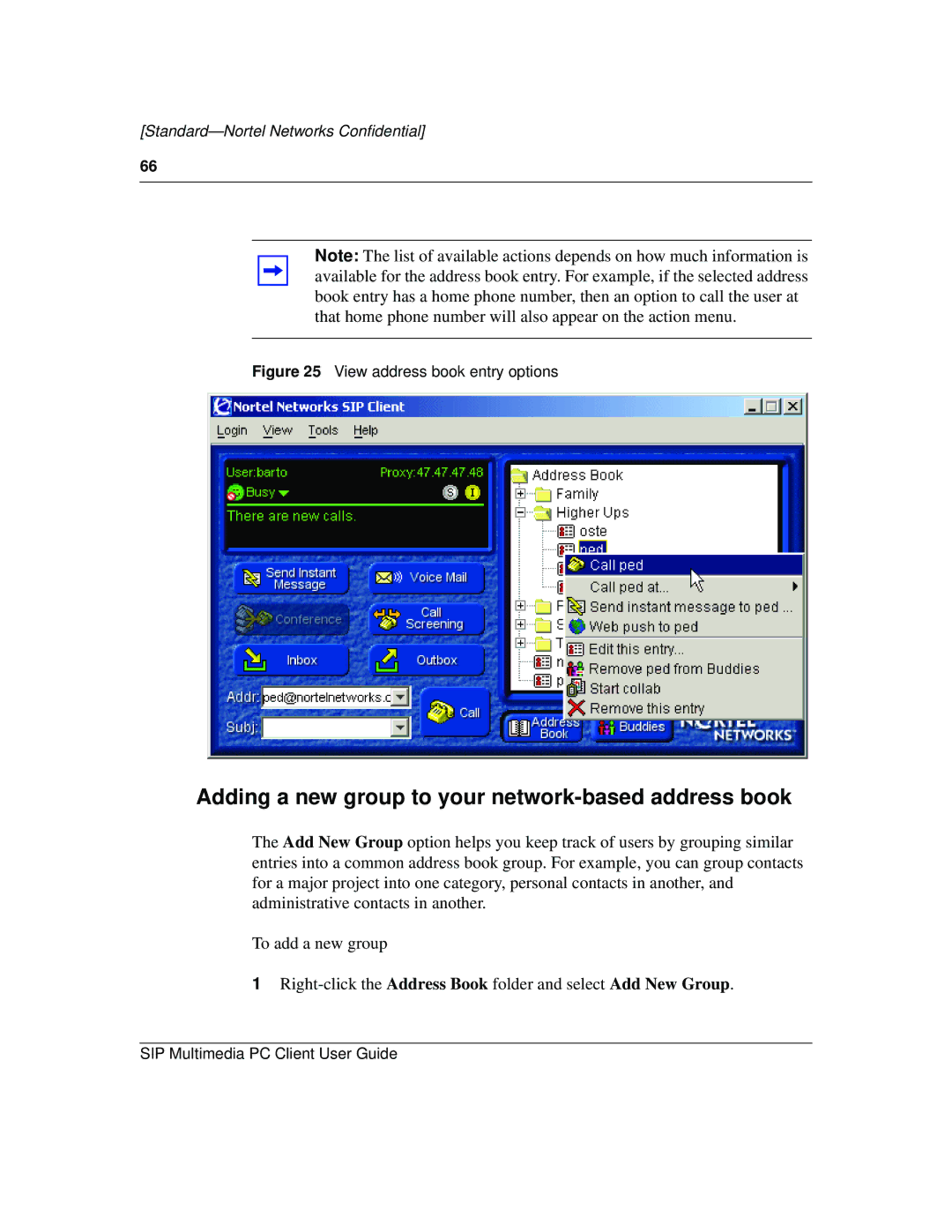 Nortel Networks NN10041-112 manual Adding a new group to your network-based address book, View address book entry options 