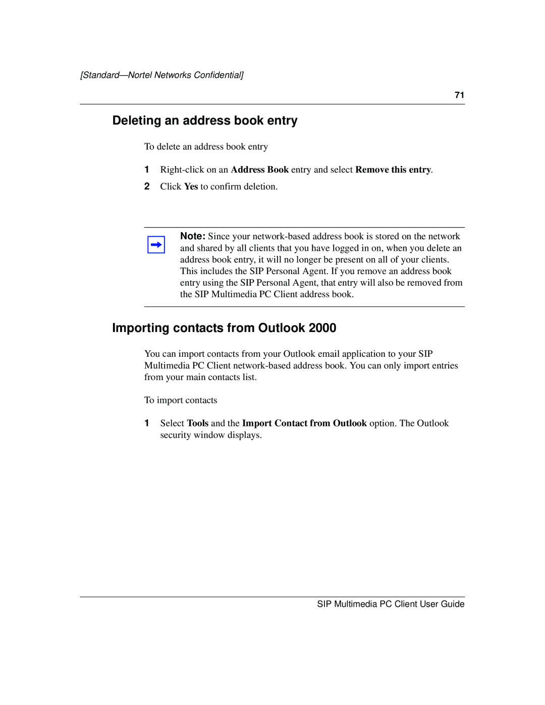 Nortel Networks NN10041-112 manual Deleting an address book entry, Importing contacts from Outlook 