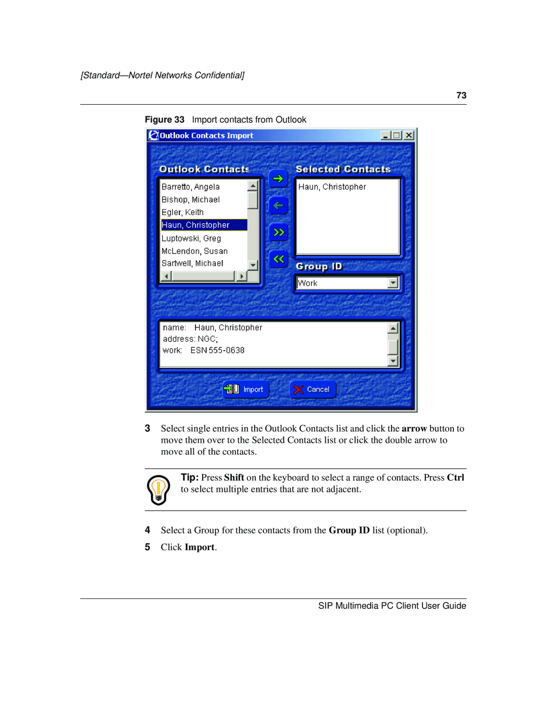 Nortel Networks NN10041-112 manual Import contacts from Outlook 