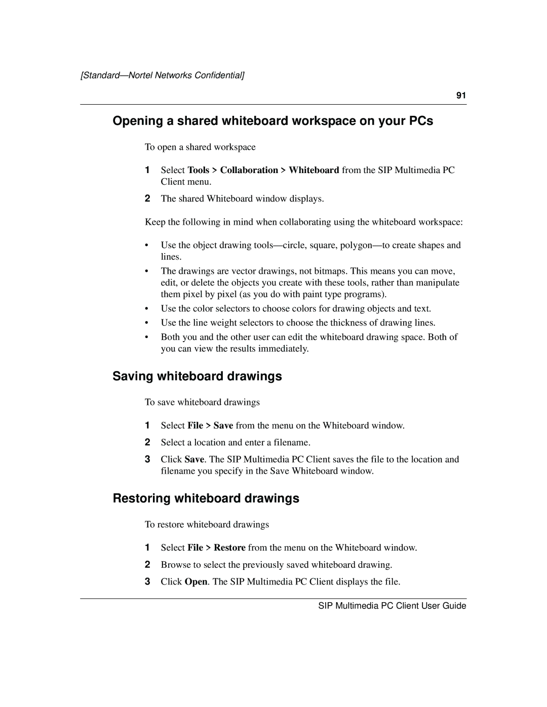 Nortel Networks NN10041-112 manual Opening a shared whiteboard workspace on your PCs, Saving whiteboard drawings 