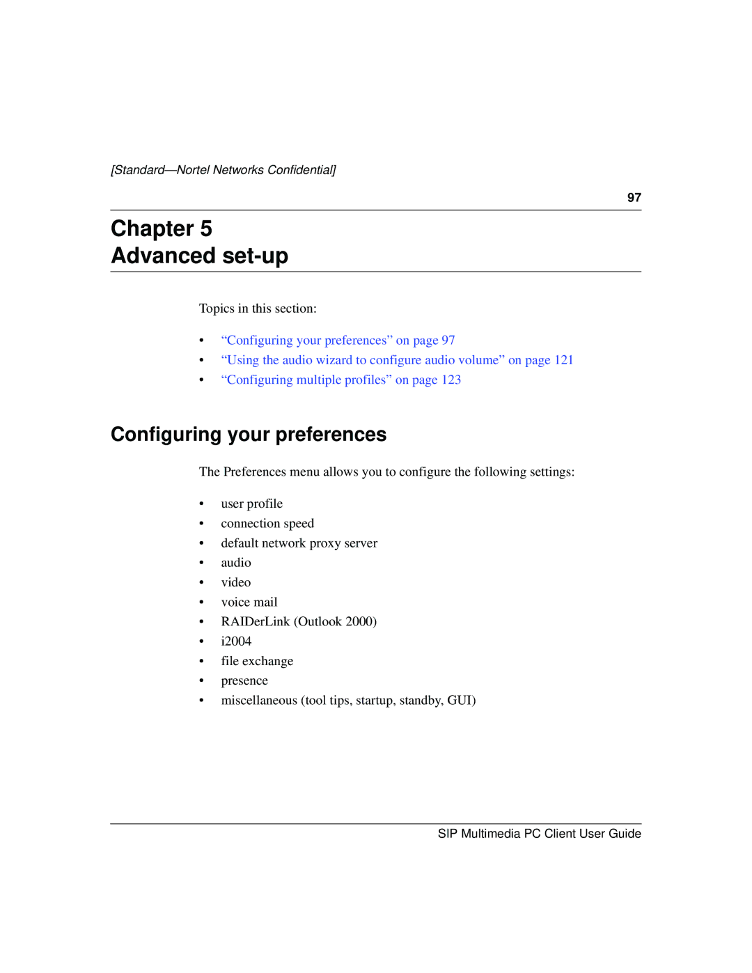 Nortel Networks NN10041-112 manual Chapter Advanced set-up, Configuring your preferences 