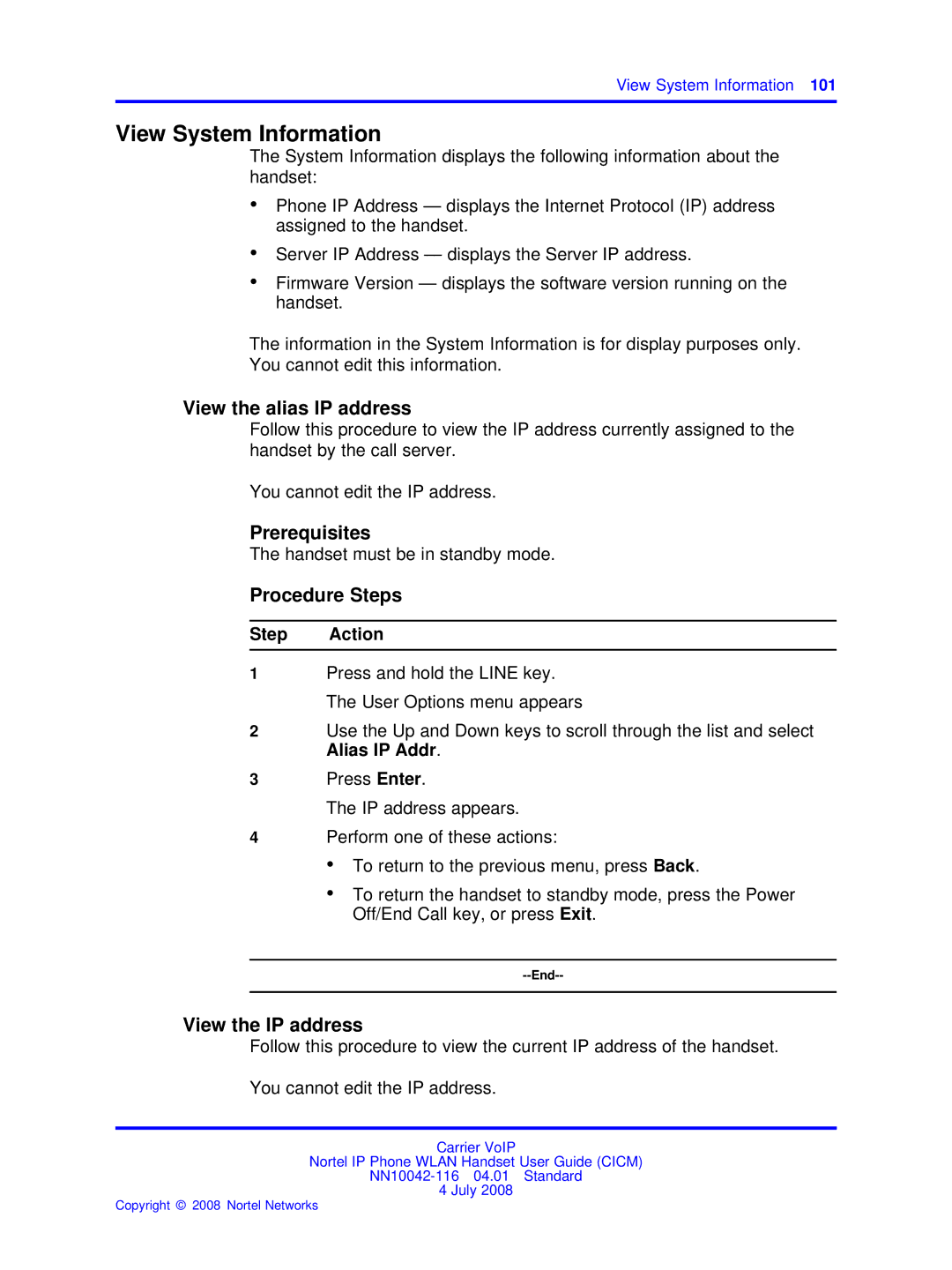 Nortel Networks NN10042-116 manual View System Information, View the alias IP address, View the IP address 