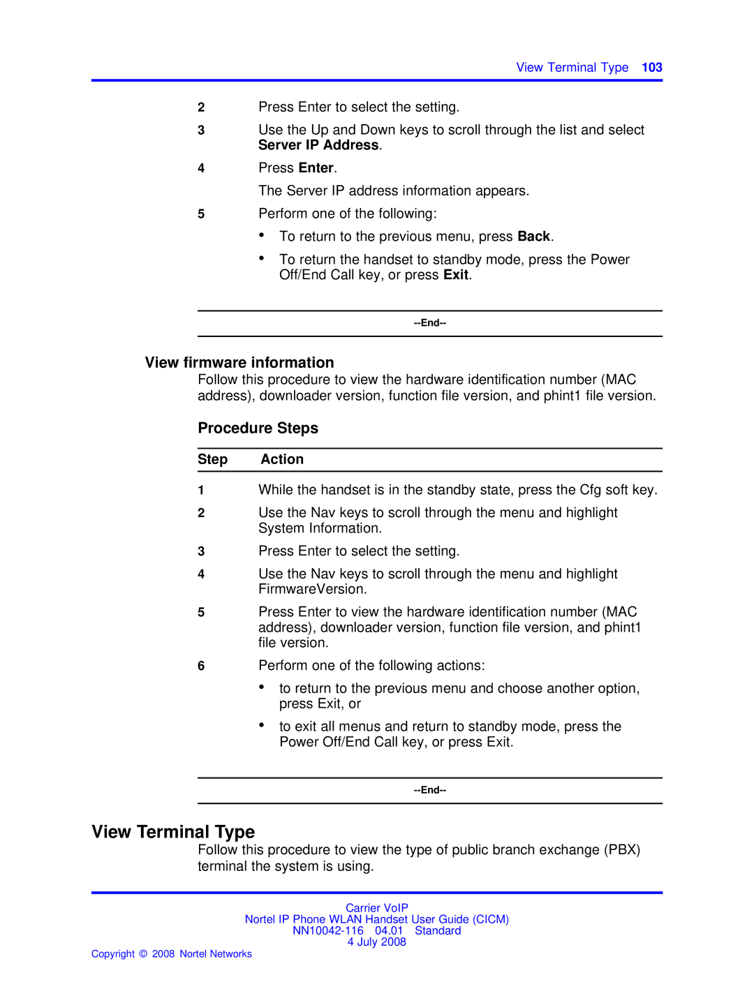 Nortel Networks NN10042-116 manual View Terminal Type, View ﬁrmware information 