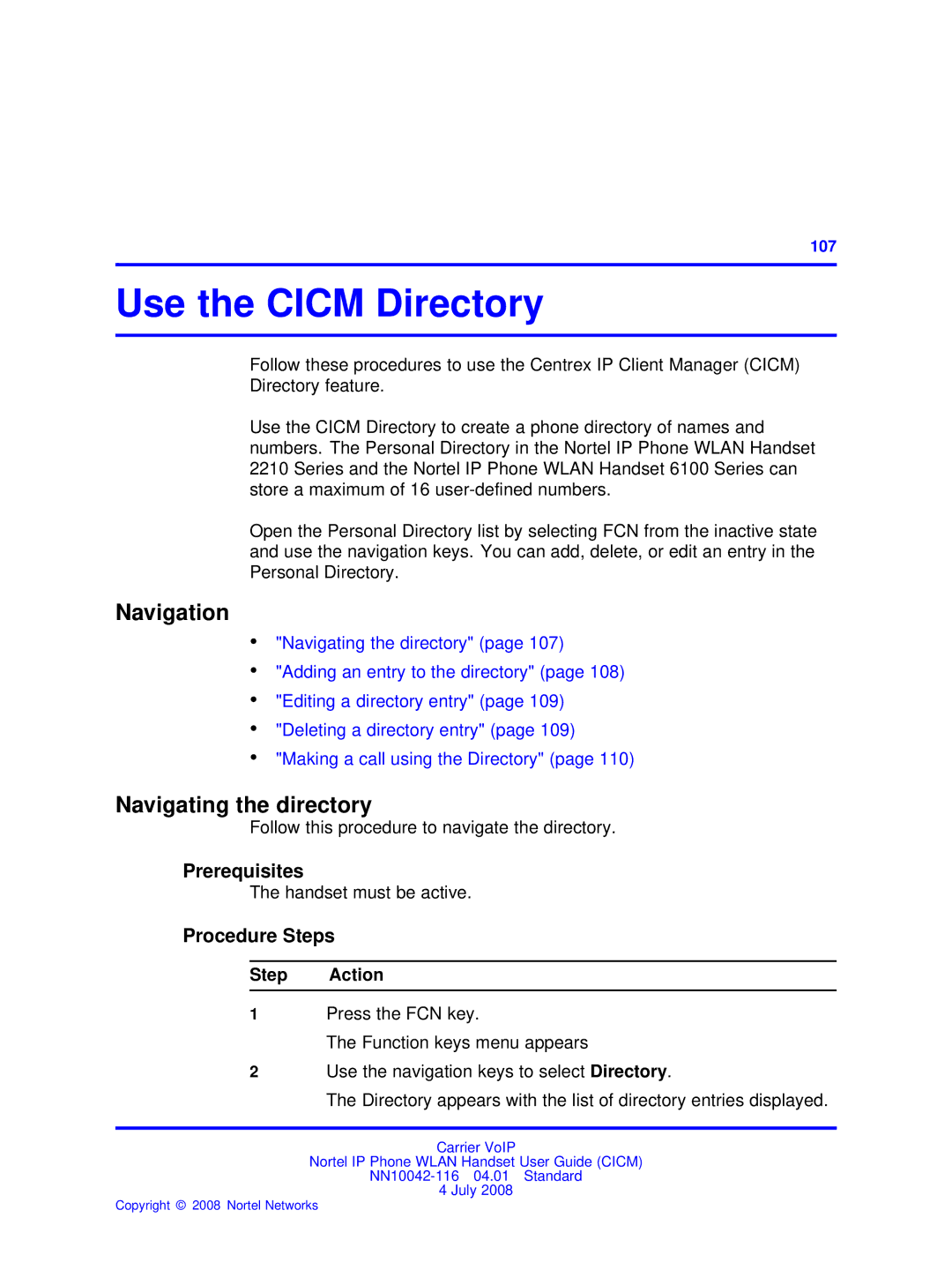 Nortel Networks NN10042-116 manual Use the Cicm Directory, Navigating the directory, Handset must be active 