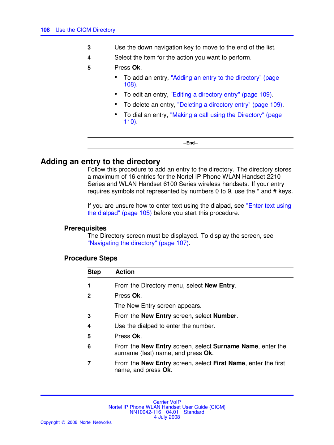 Nortel Networks NN10042-116 manual Adding an entry to the directory 