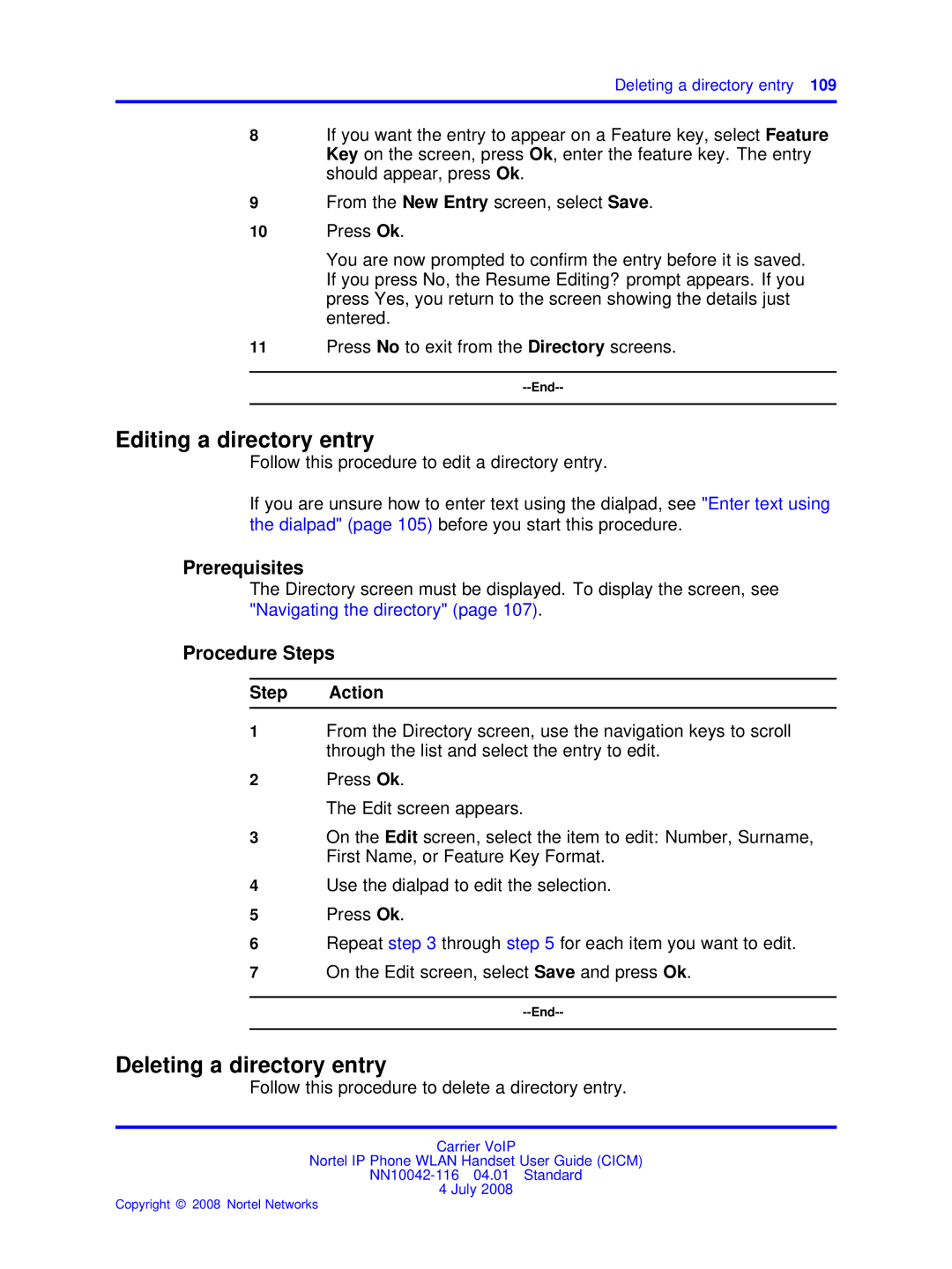 Nortel Networks NN10042-116 manual Editing a directory entry, Deleting a directory entry 