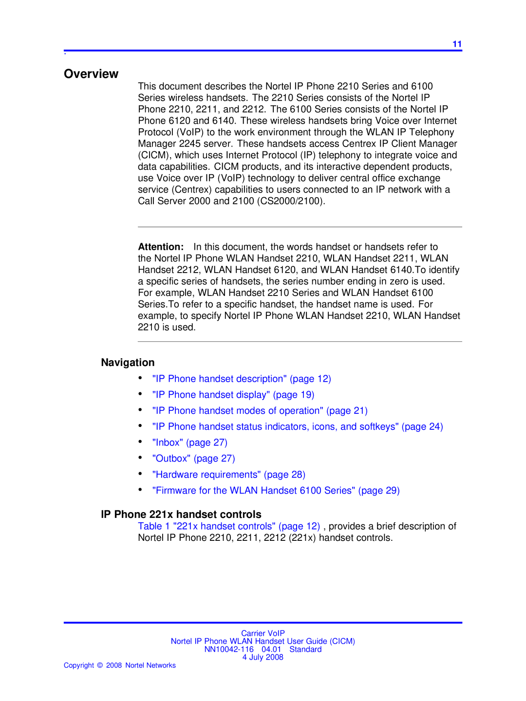 Nortel Networks NN10042-116 manual Overview, Navigation, IP Phone 221x handset controls 