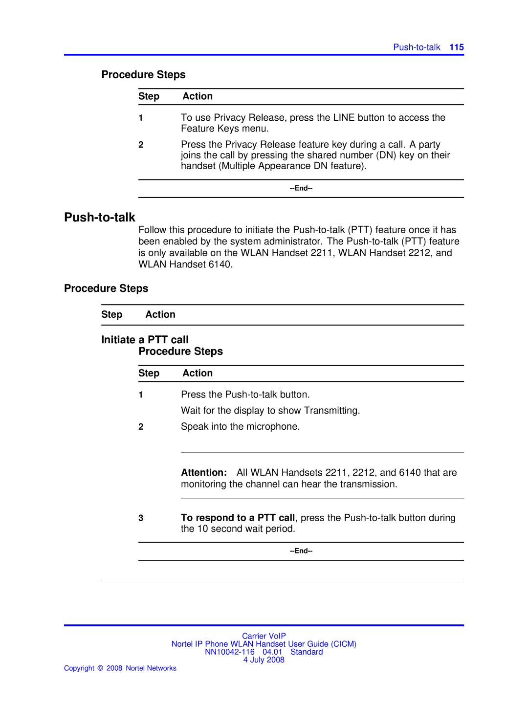 Nortel Networks NN10042-116 manual Push-to-talk, Initiate a PTT call Procedure Steps 