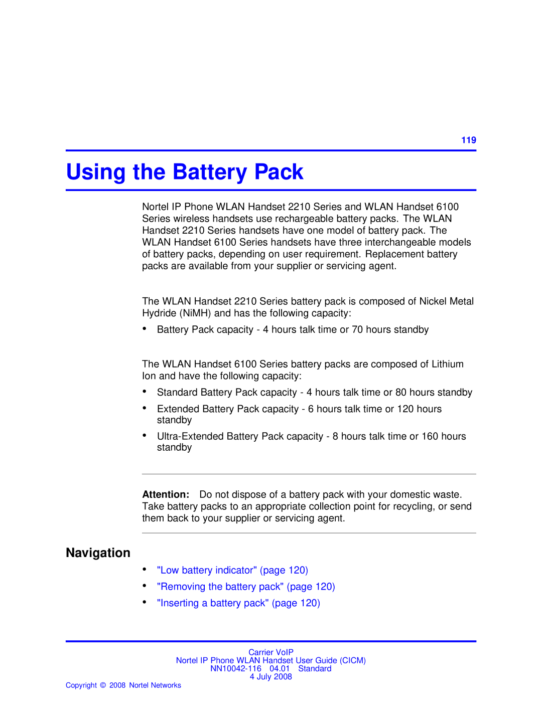 Nortel Networks NN10042-116 manual Using the Battery Pack, Navigation 