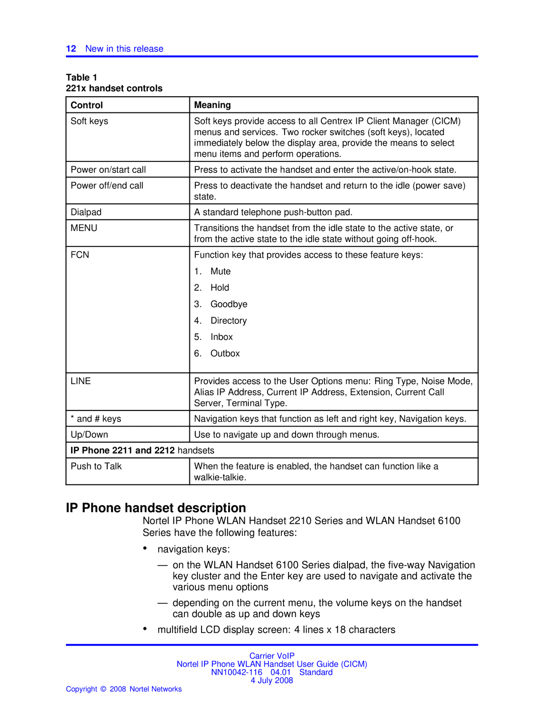 Nortel Networks NN10042-116 manual IP Phone handset description, 221x handset controls Control Meaning 