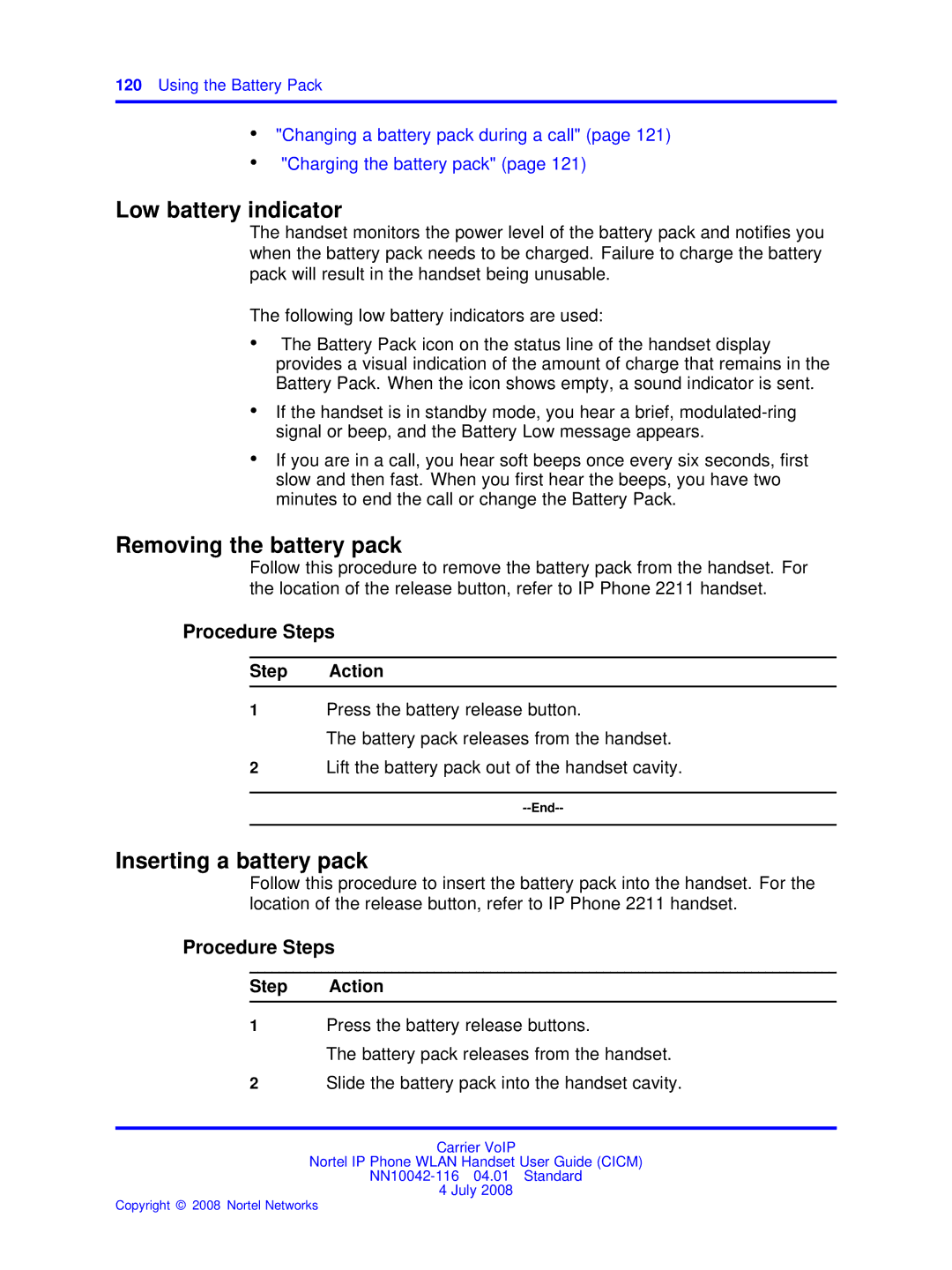 Nortel Networks NN10042-116 manual Low battery indicator, Removing the battery pack, Inserting a battery pack 