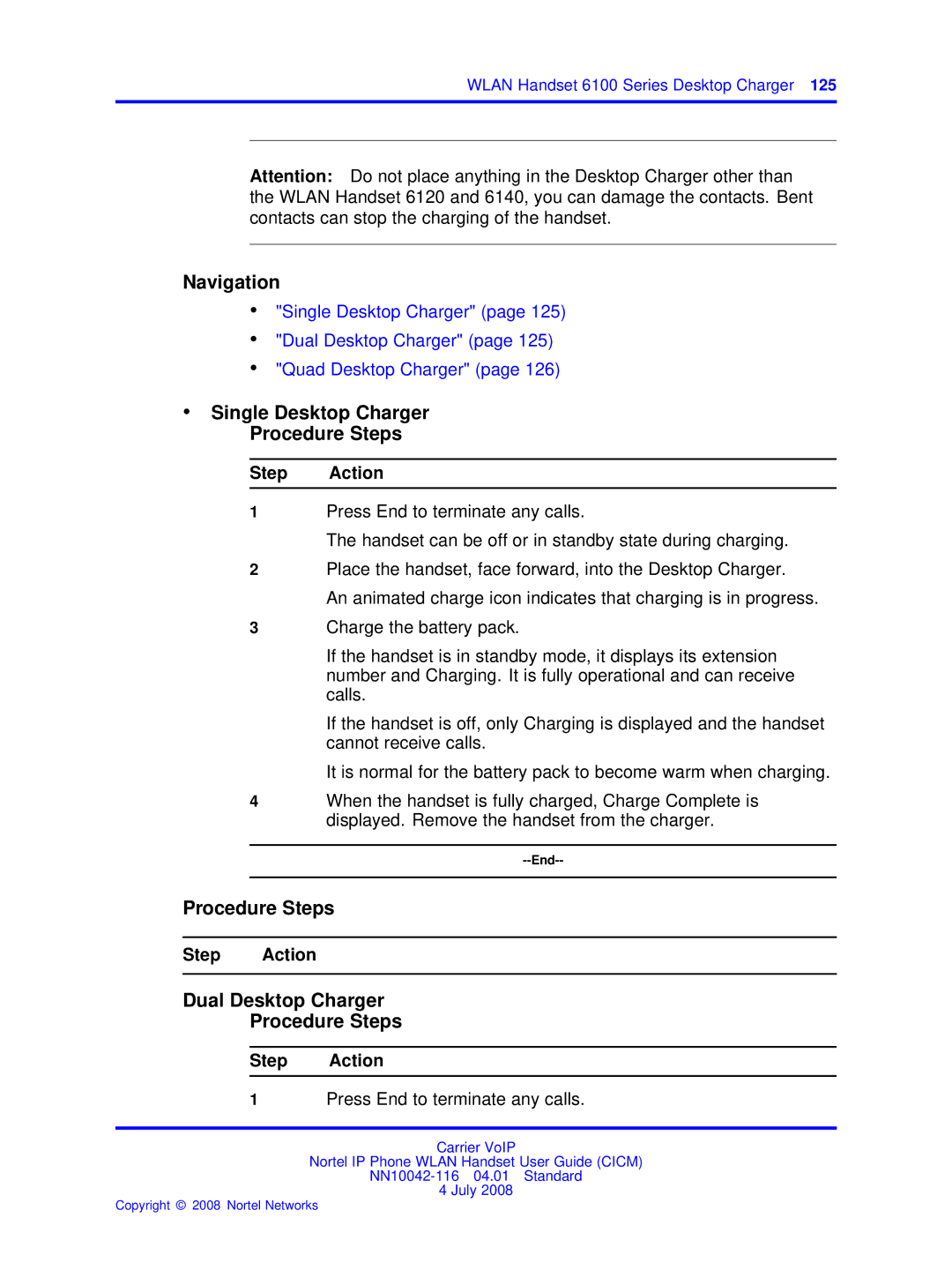 Nortel Networks NN10042-116 manual Single Desktop Charger Procedure Steps, Dual Desktop Charger Procedure Steps 