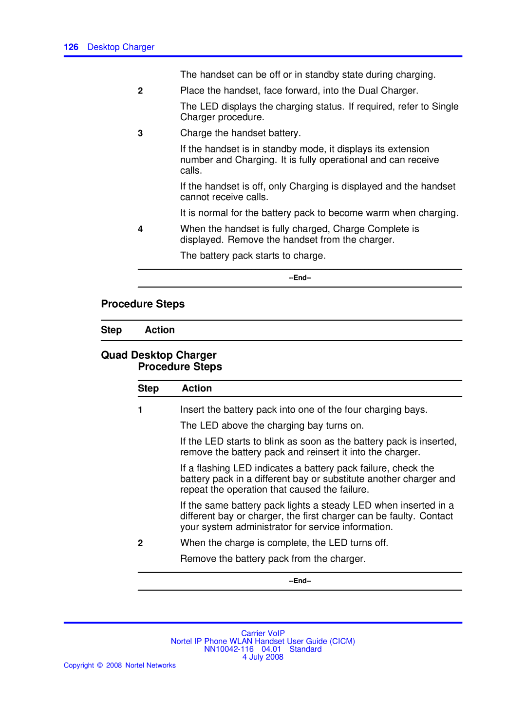 Nortel Networks NN10042-116 manual Quad Desktop Charger Procedure Steps 