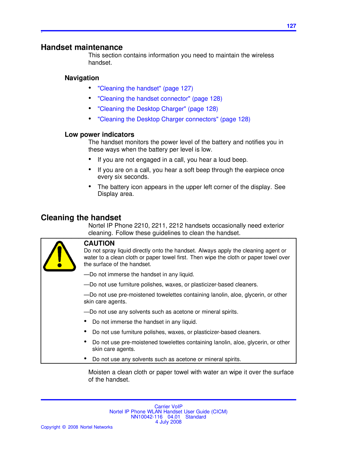 Nortel Networks NN10042-116 manual Handset maintenance, Cleaning the handset, Low power indicators 