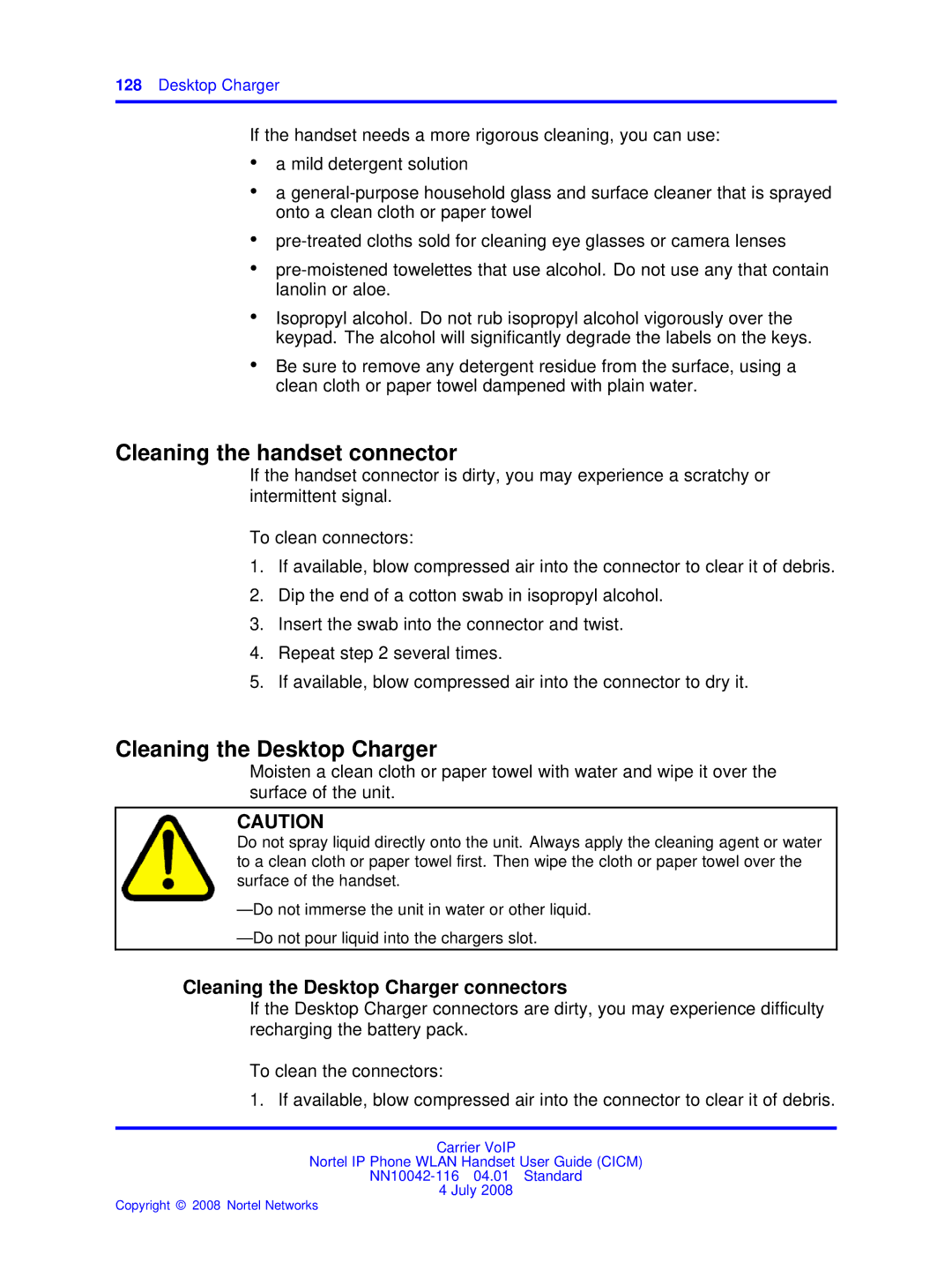 Nortel Networks NN10042-116 manual Cleaning the handset connector, Cleaning the Desktop Charger 