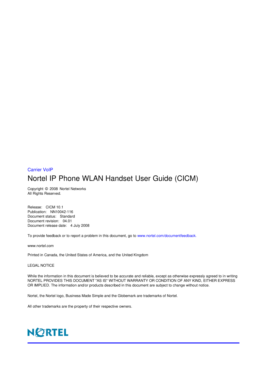 Nortel Networks NN10042-116 manual Nortel IP Phone Wlan Handset User Guide Cicm 