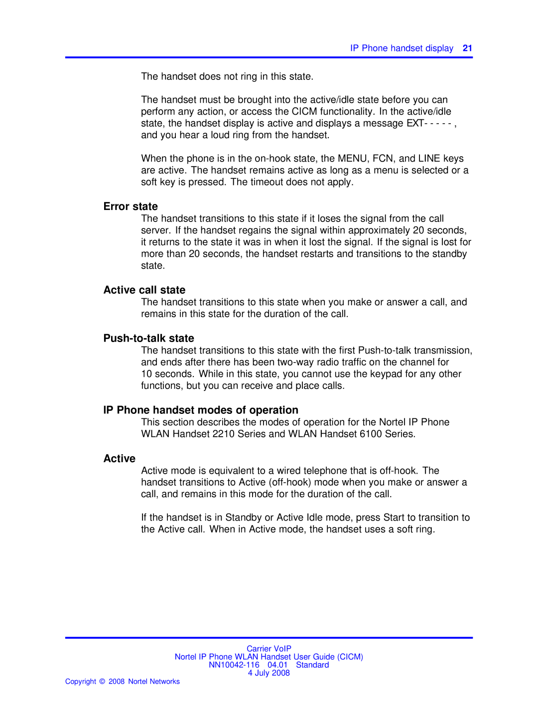 Nortel Networks NN10042-116 manual Error state, Active call state, Push-to-talk state, IP Phone handset modes of operation 