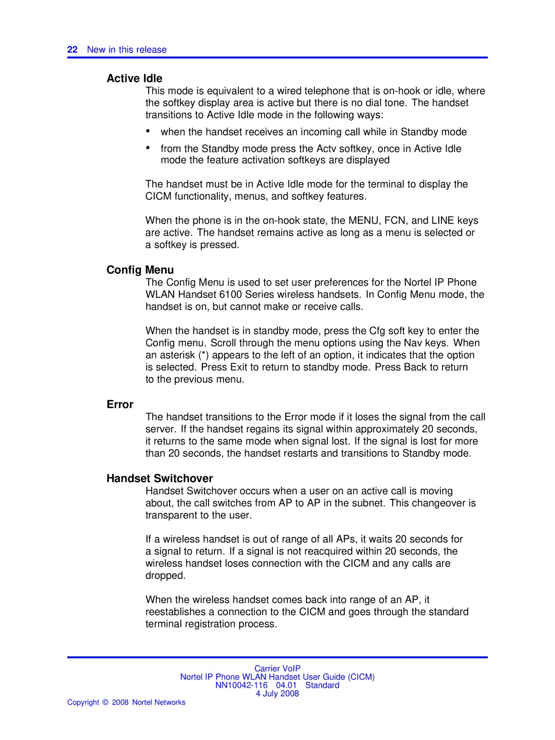 Nortel Networks NN10042-116 manual Active Idle, Conﬁg Menu, Error, Handset Switchover 