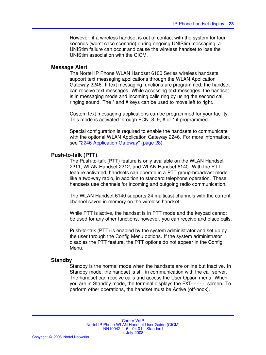 Nortel Networks NN10042-116 manual Message Alert, Push-to-talk PTT, Standby 