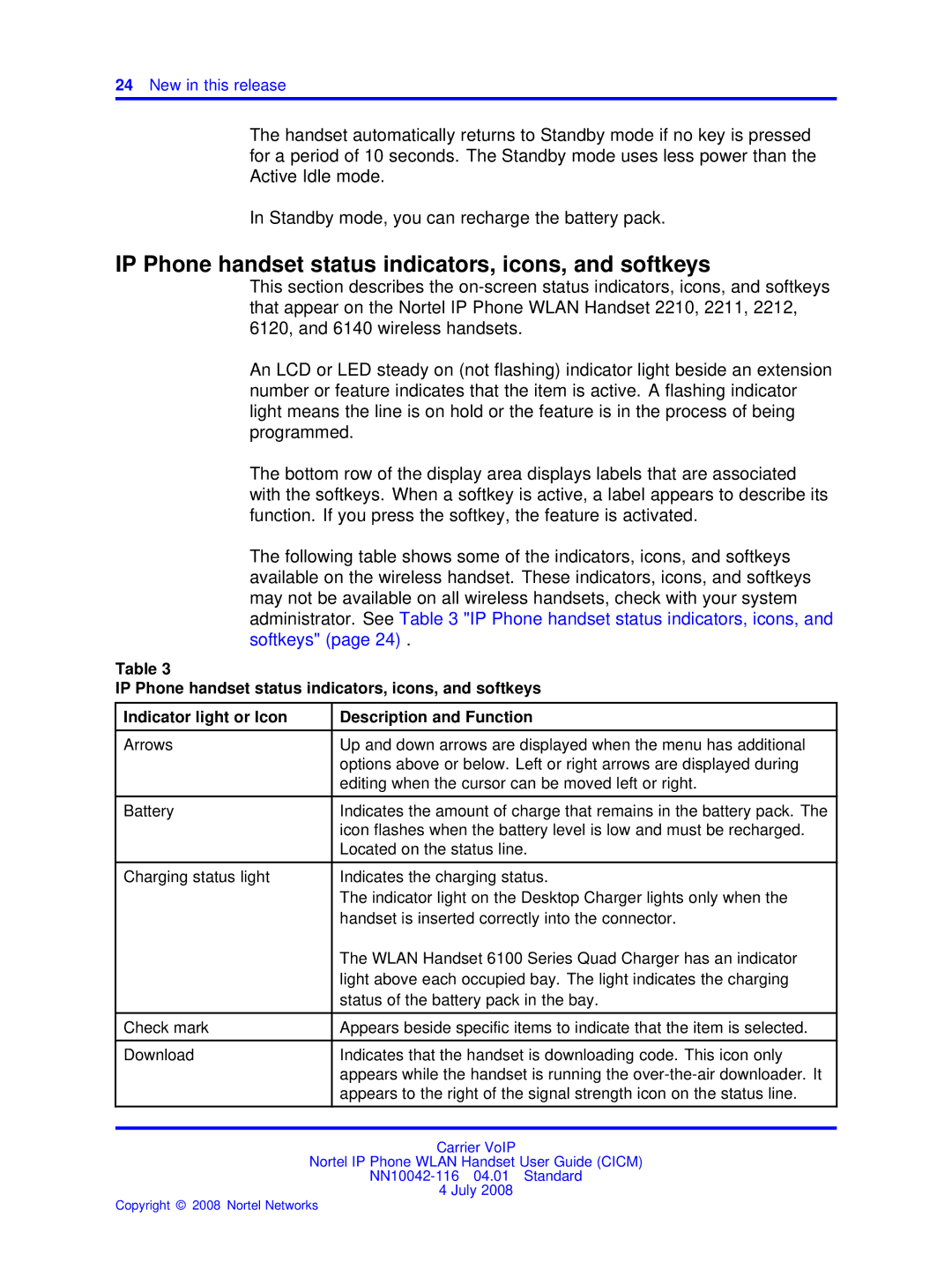 Nortel Networks NN10042-116 manual IP Phone handset status indicators, icons, and softkeys 