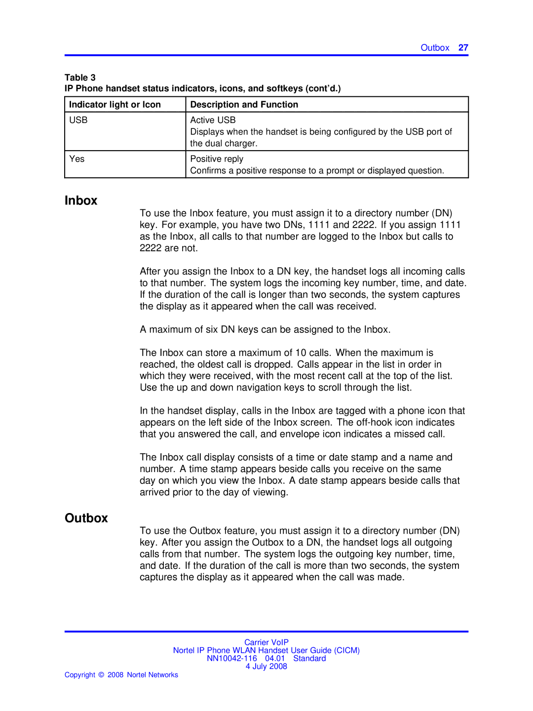 Nortel Networks NN10042-116 manual Inbox, Outbox 