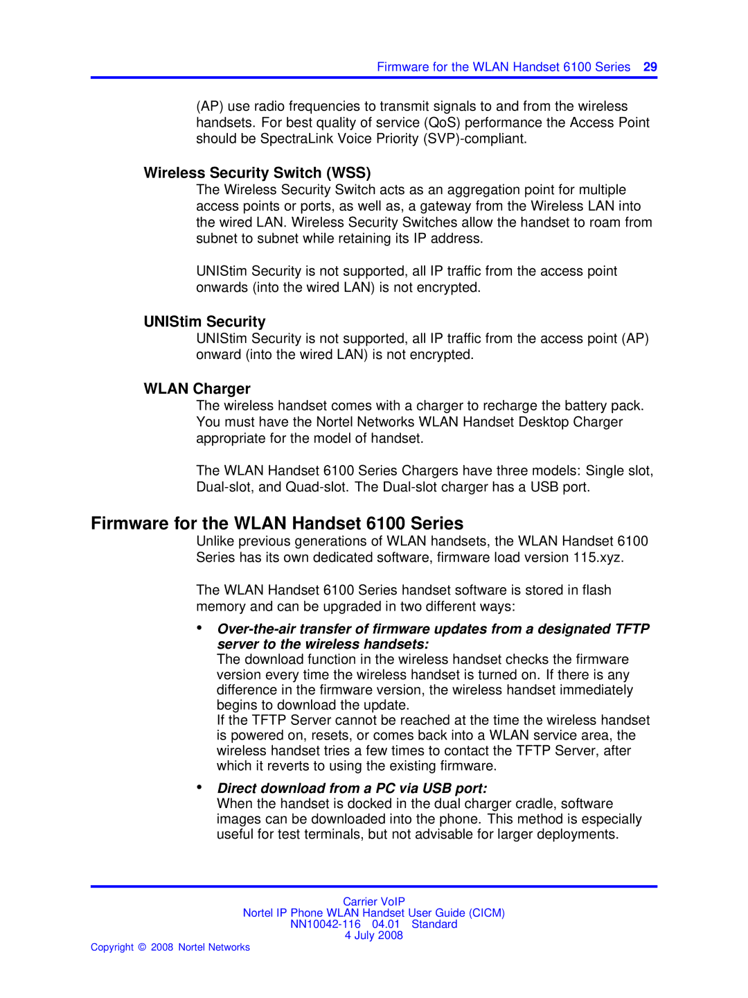 Nortel Networks NN10042-116 Firmware for the Wlan Handset 6100 Series, Wireless Security Switch WSS, UNIStim Security 