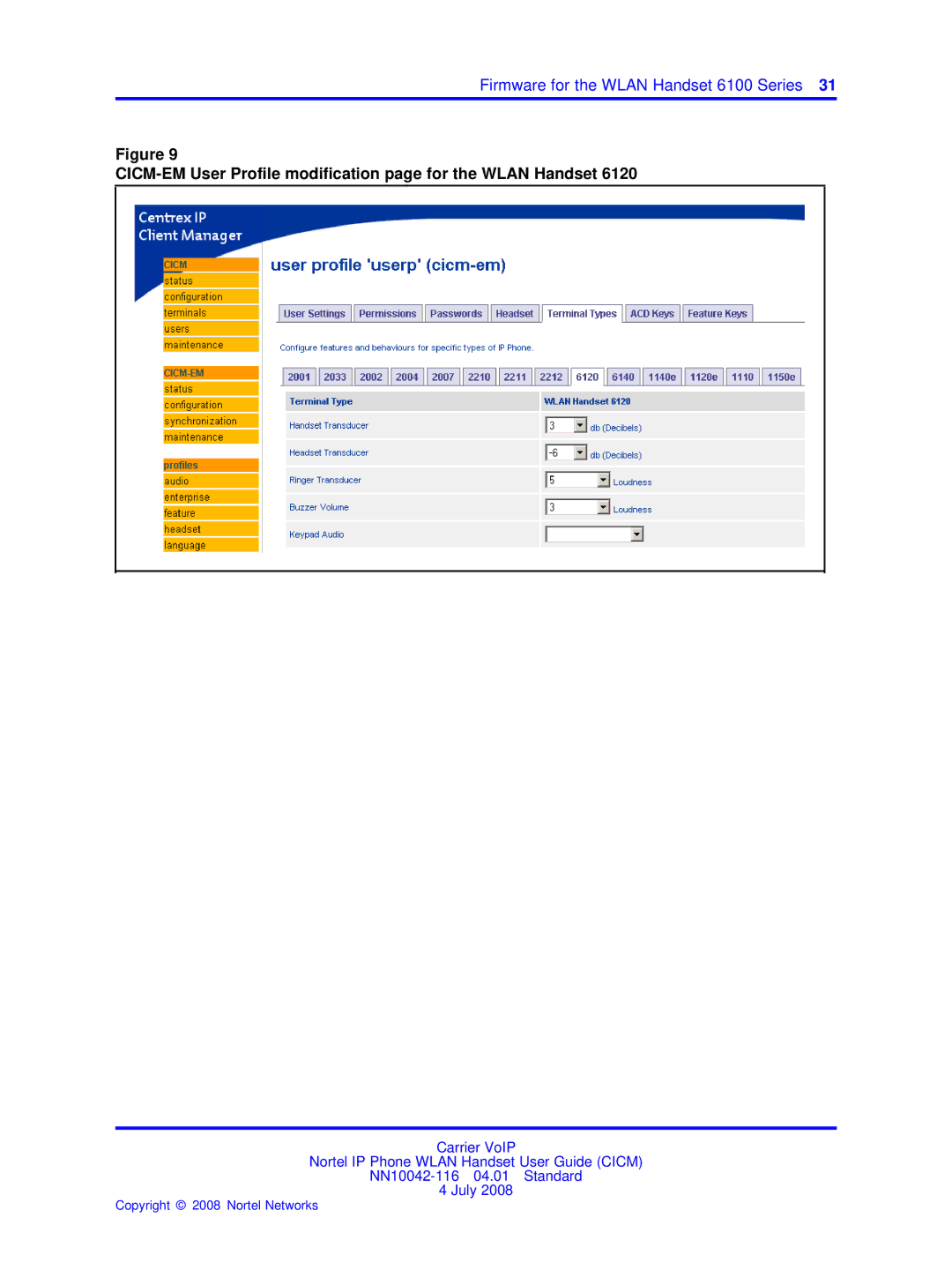 Nortel Networks NN10042-116 manual CICM-EM User Profile modification page for the Wlan Handset 