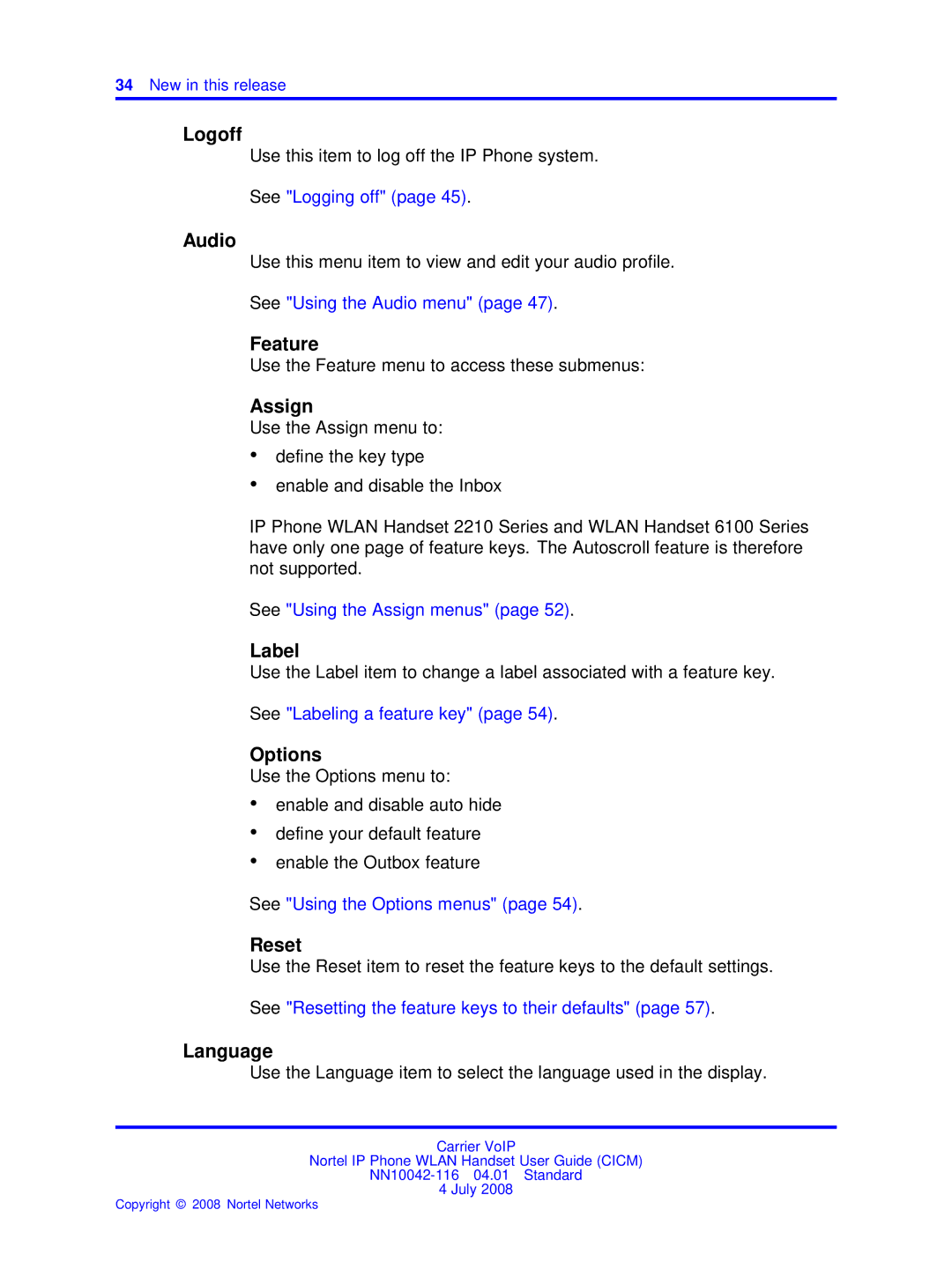 Nortel Networks NN10042-116 manual Logoff, Audio, Feature, Assign, Label, Options, Reset, Language 