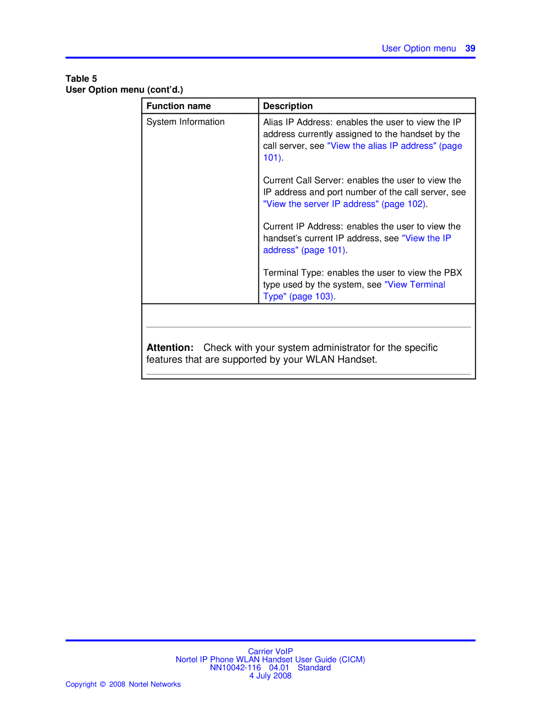 Nortel Networks NN10042-116 manual User Option menu cont’d Function name Description, Type 