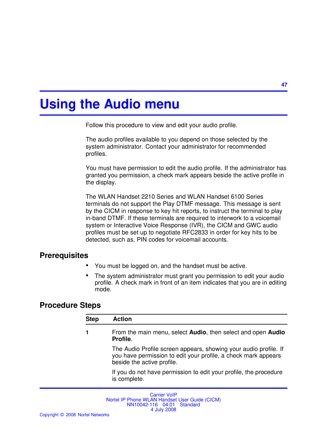 Nortel Networks NN10042-116 manual Using the Audio menu 