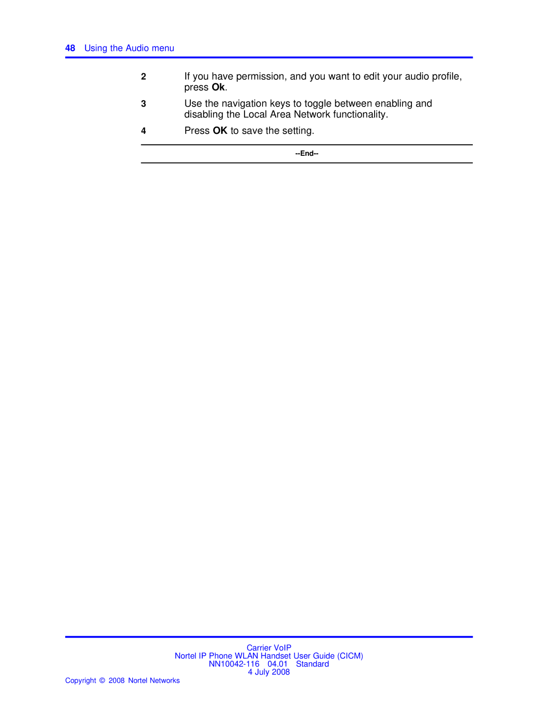 Nortel Networks NN10042-116 manual Using the Audio menu 