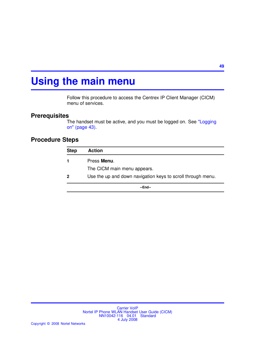 Nortel Networks NN10042-116 manual Using the main menu 