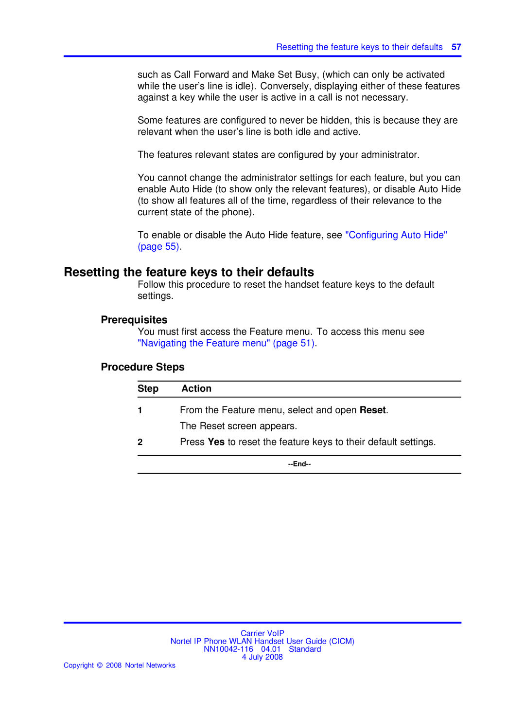 Nortel Networks NN10042-116 manual Resetting the feature keys to their defaults 