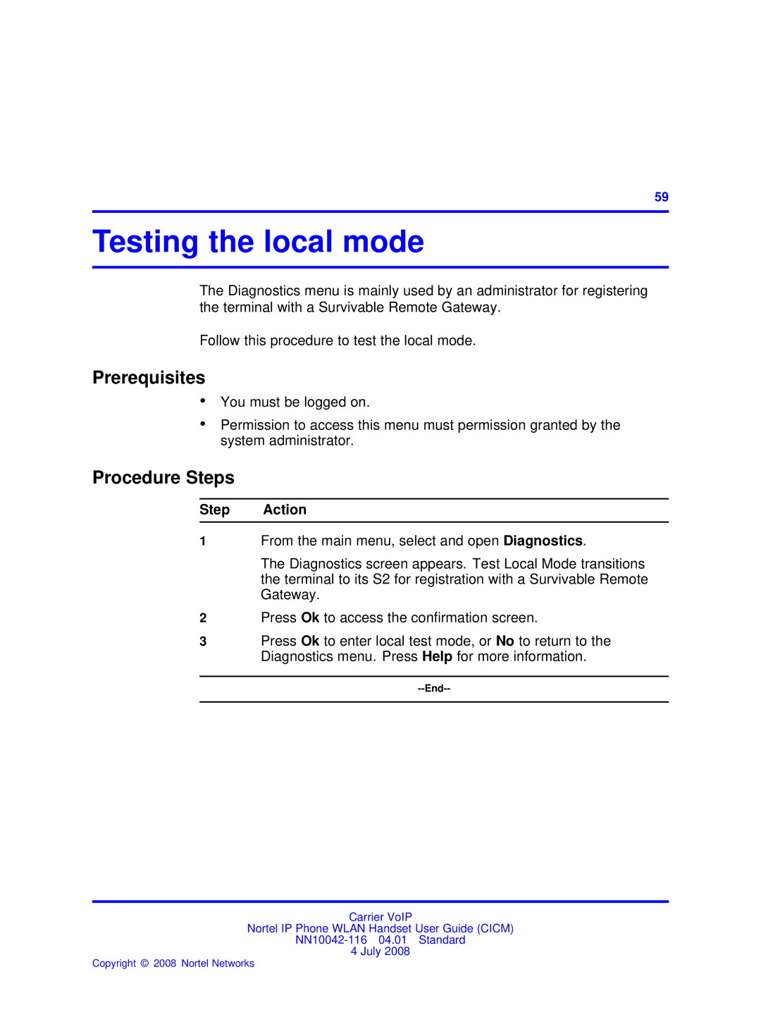 Nortel Networks NN10042-116 manual Testing the local mode, Prerequisites 