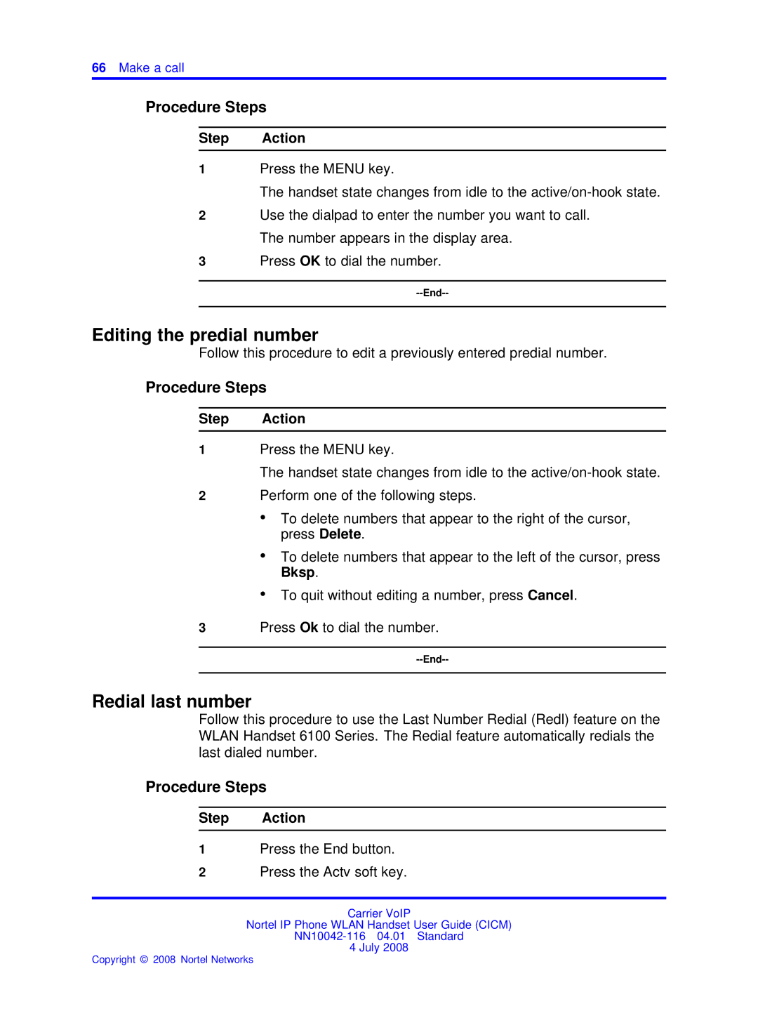 Nortel Networks NN10042-116 Editing the predial number, Redial last number, Press the End button Press the Actv soft key 