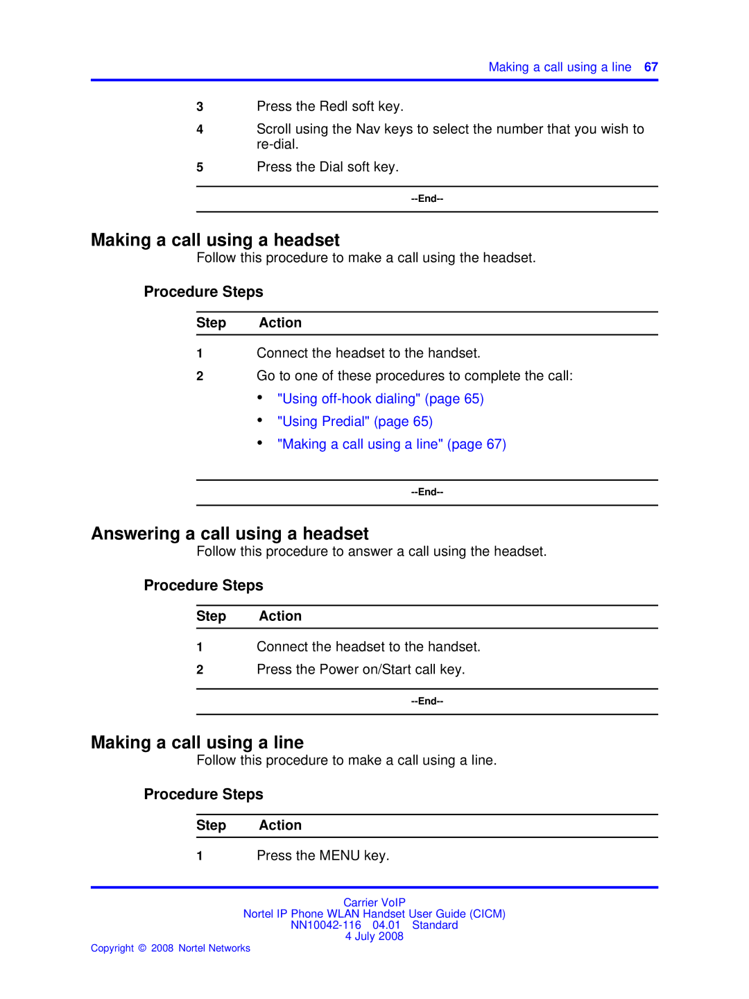 Nortel Networks NN10042-116 Making a call using a headset, Answering a call using a headset, Making a call using a line 
