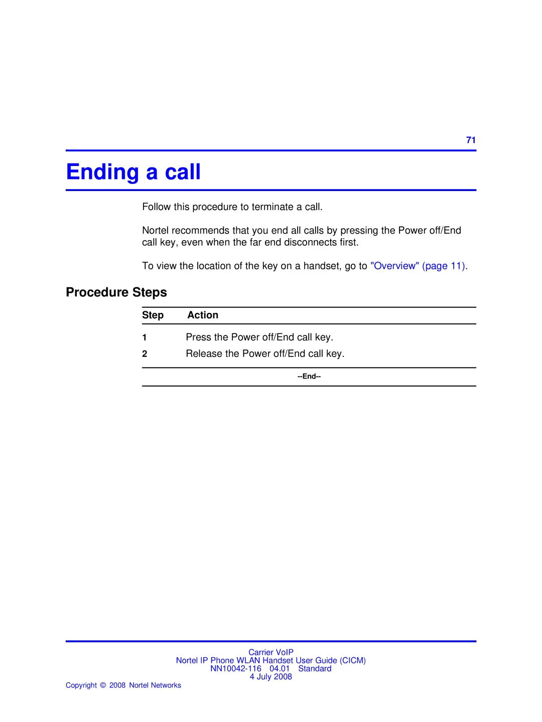 Nortel Networks NN10042-116 manual Ending a call, Procedure Steps 