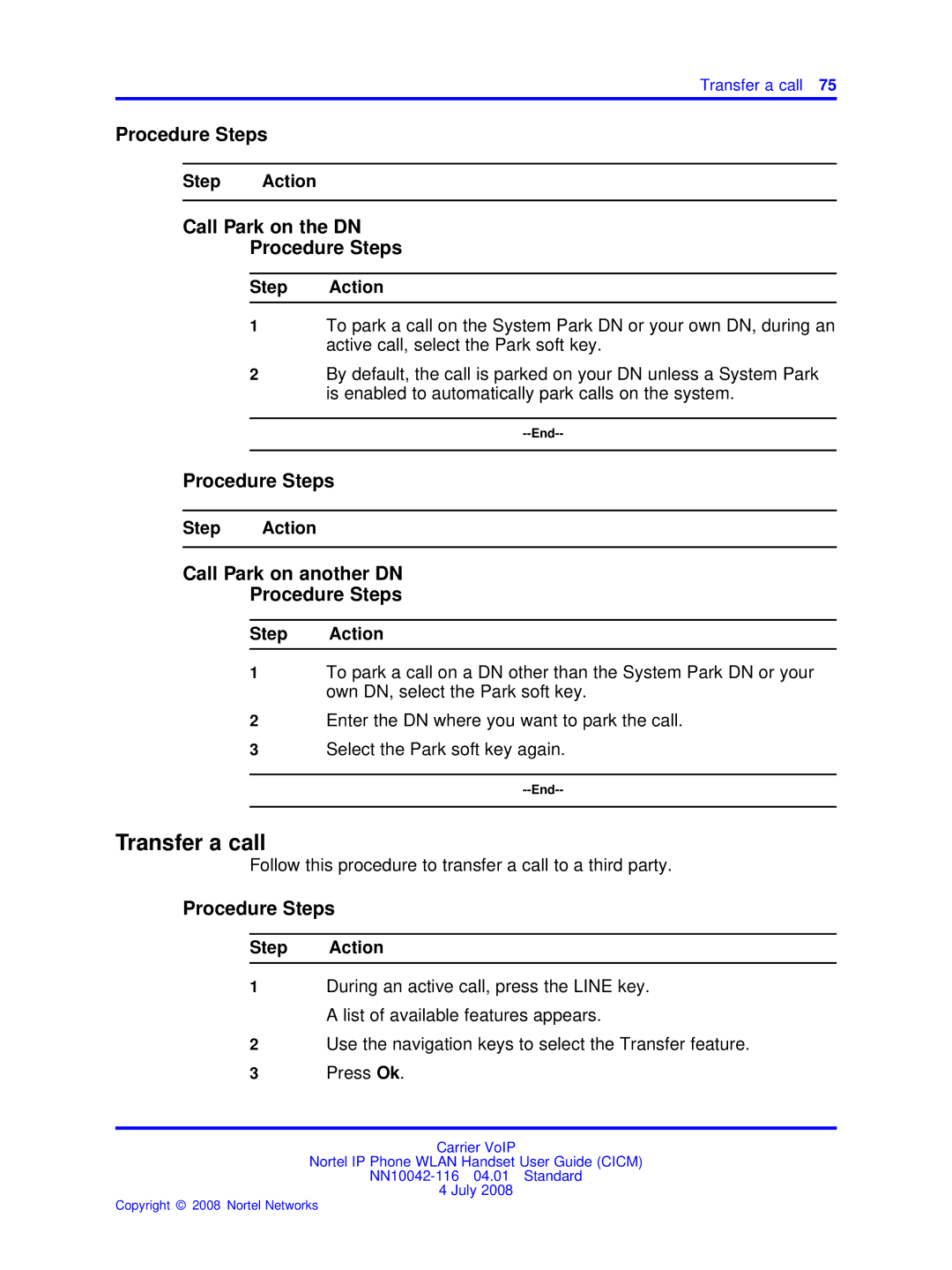 Nortel Networks NN10042-116 Transfer a call, Call Park on the DN Procedure Steps, Call Park on another DN Procedure Steps 