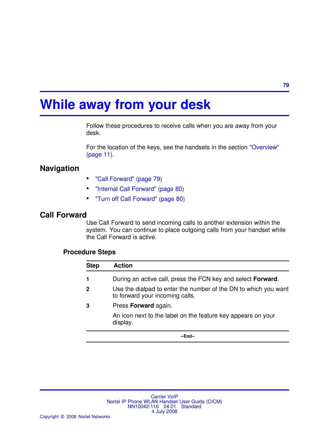 Nortel Networks NN10042-116 manual While away from your desk, Call Forward 