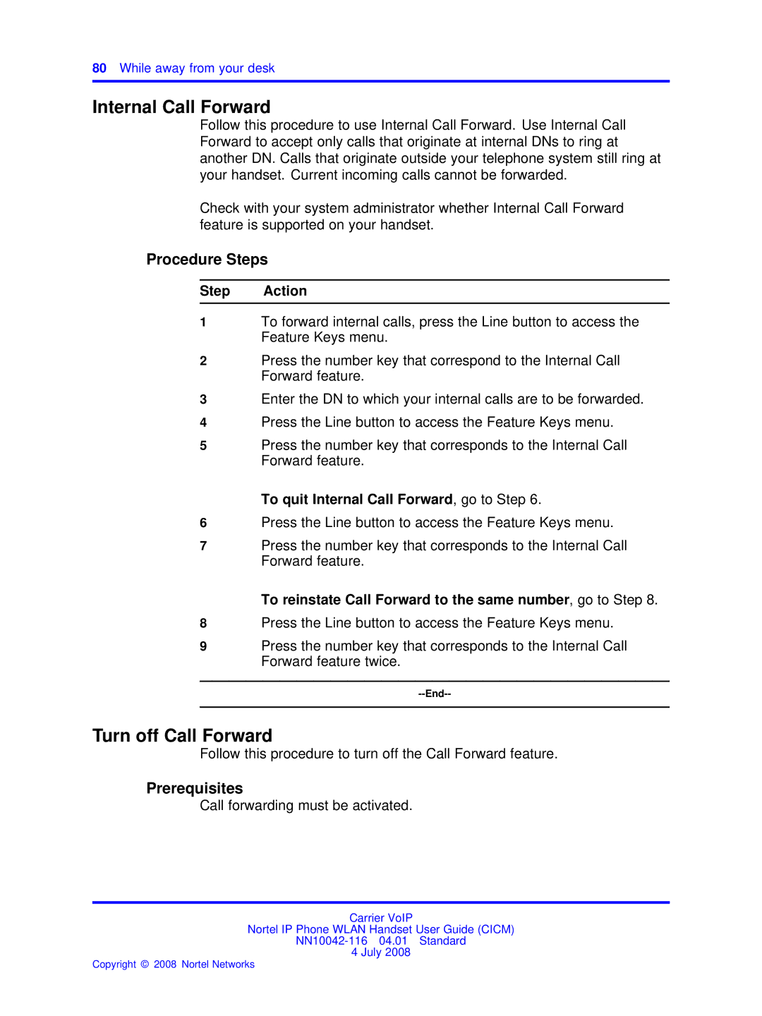 Nortel Networks NN10042-116 manual Internal Call Forward, Turn off Call Forward, Call forwarding must be activated 