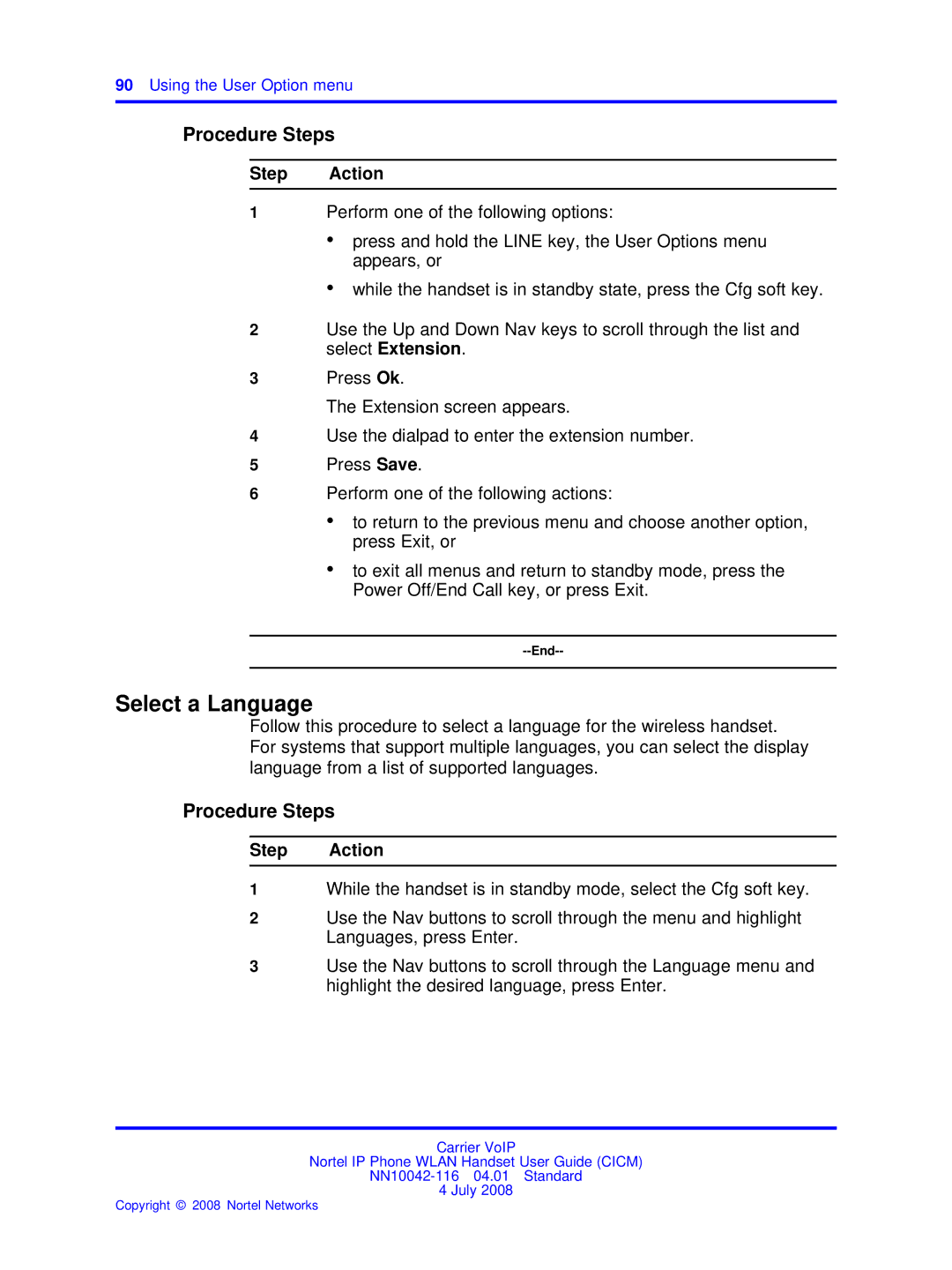 Nortel Networks NN10042-116 manual Select a Language, Procedure Steps 