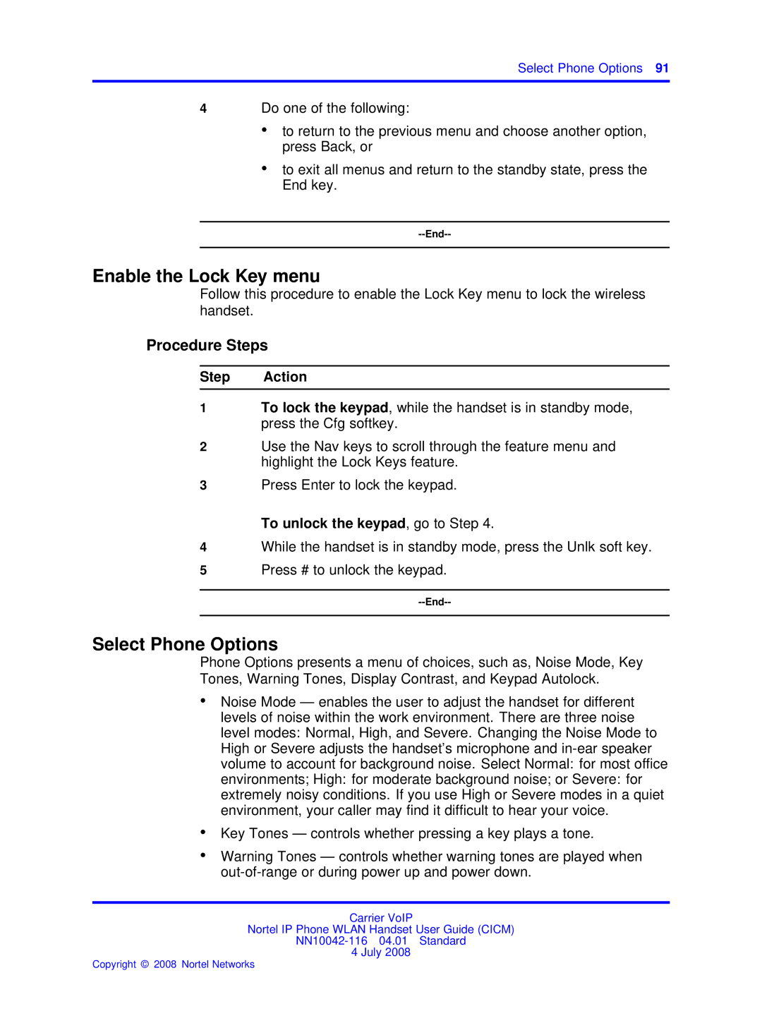 Nortel Networks NN10042-116 manual Enable the Lock Key menu, Select Phone Options 