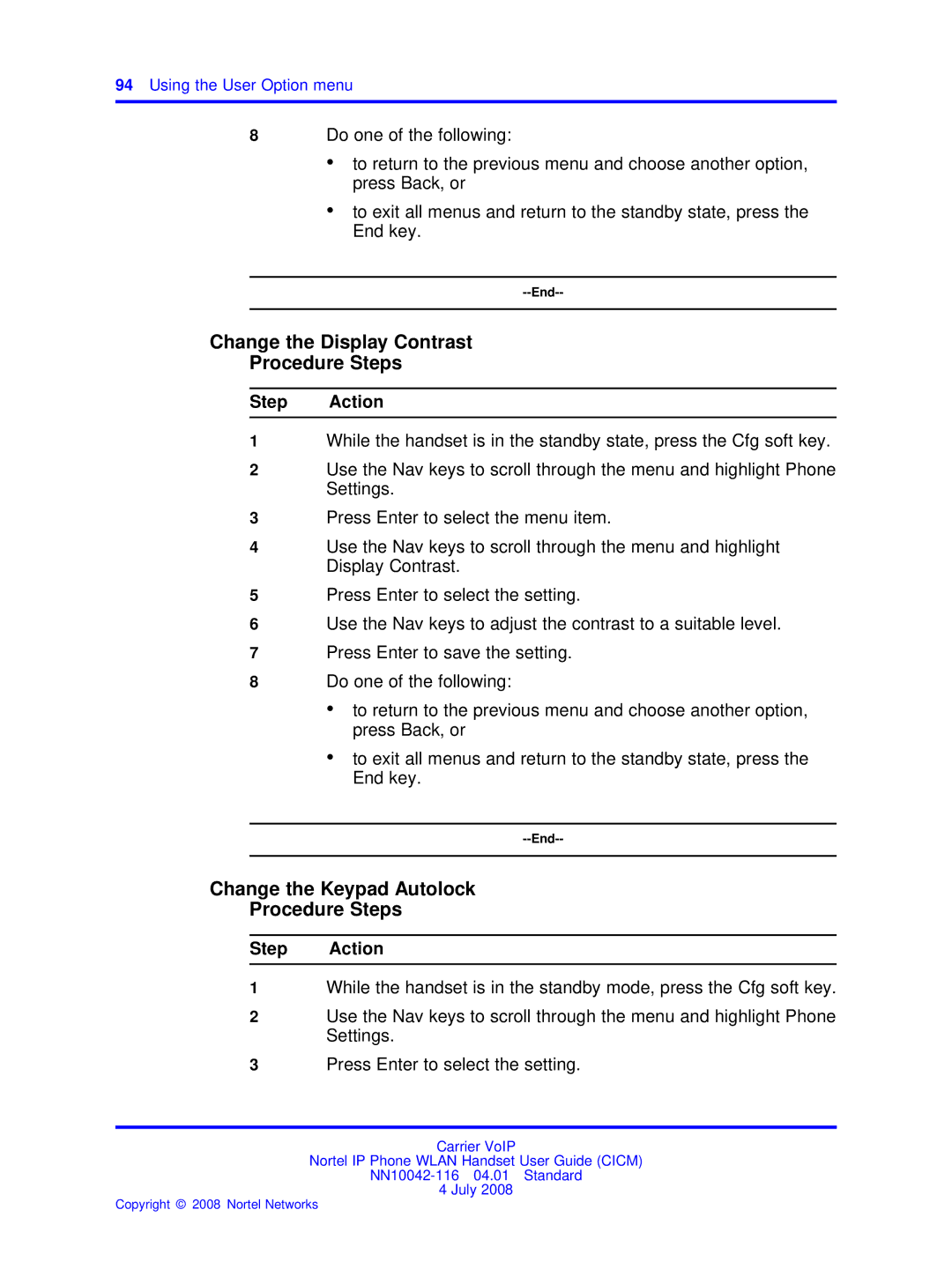 Nortel Networks NN10042-116 manual Change the Display Contrast Procedure Steps, Change the Keypad Autolock Procedure Steps 