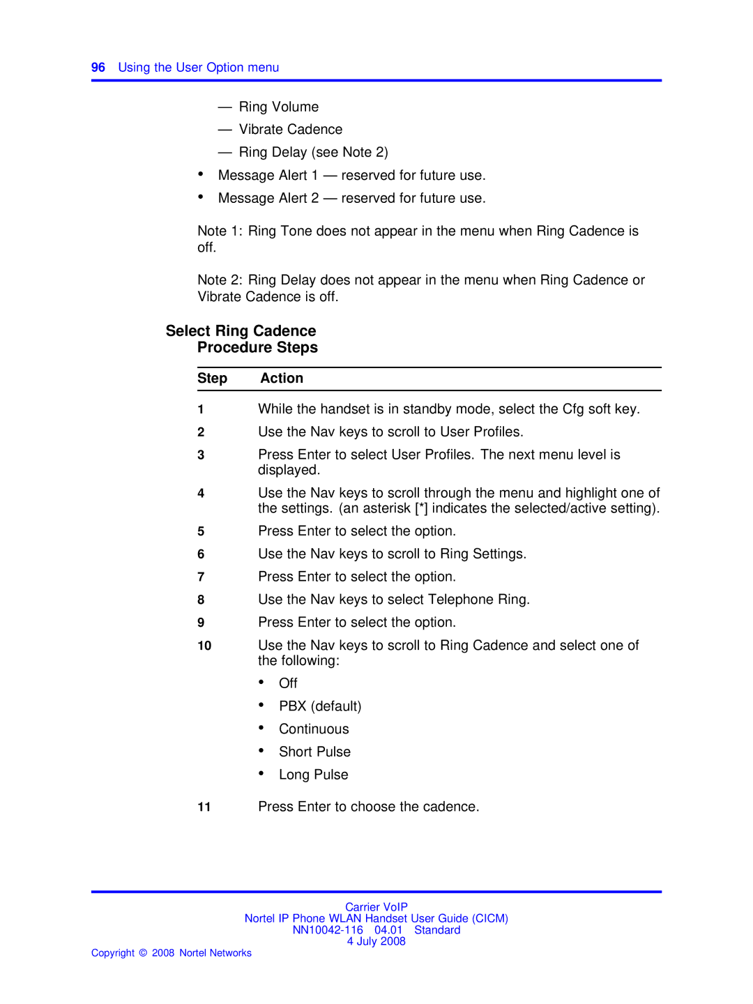 Nortel Networks NN10042-116 manual Select Ring Cadence Procedure Steps 